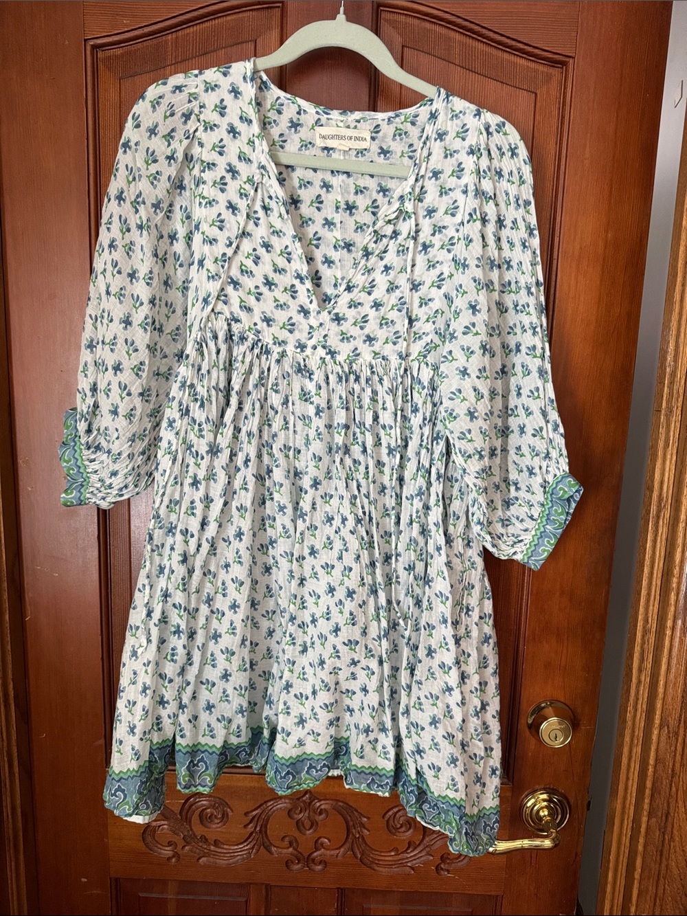 Daughters of India Blue & Green Floral Cotton Dress